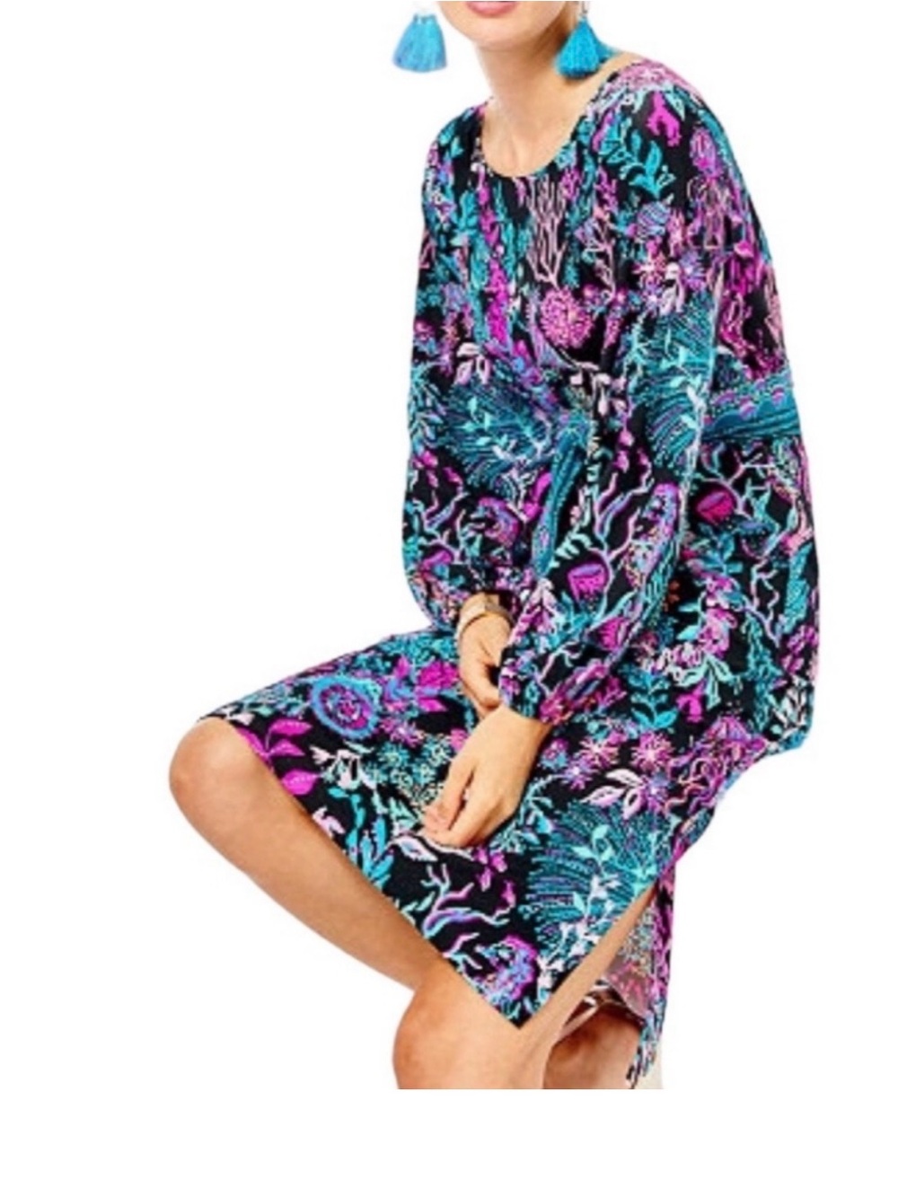 Lilly Pulitzer onyx twilight viral  Midi Dress with Pink and Teal Floral Print